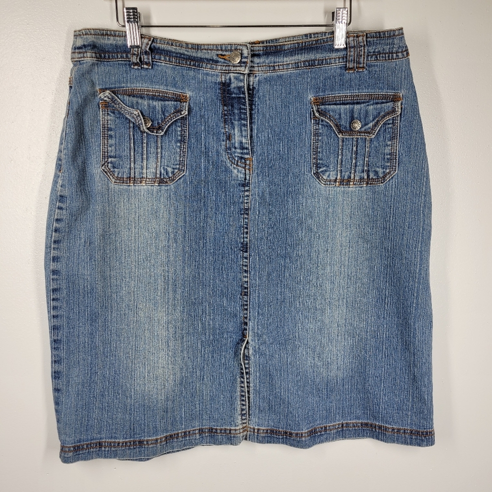 Vintage Y2K 00s Denim Jean Knee Length Skirt 100% Cotton 34 Pockets Front Slit